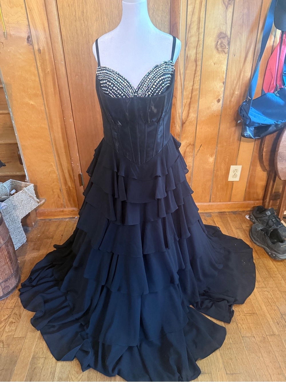 Sherri Hill Black Beaded Bust Tiered Prom Gown
